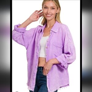 Zenana long sleeve button down gauzy top